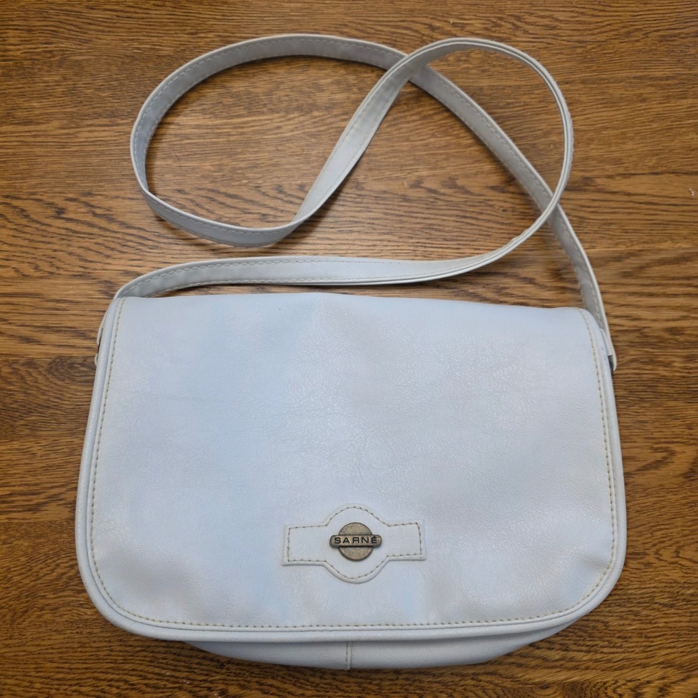 Sarne Vintage‎ White Faux Leather Crossbody Shoulder Bag Flap Top 90s Retro
